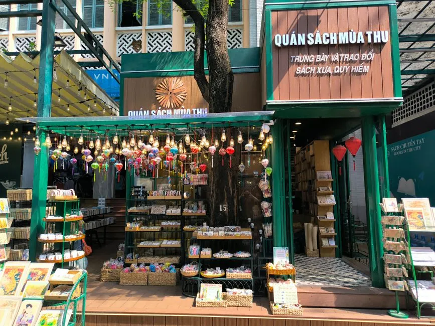 Quaint bookstore shopfront with colorful decorations in Ho Chi Minh City, Vietnam.