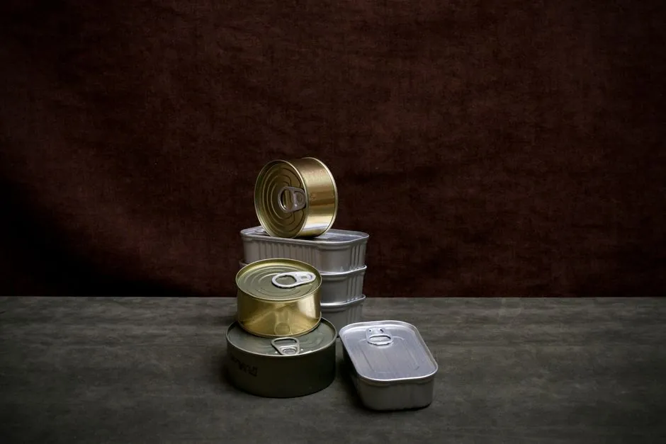 A collection of various canned goods neatly arranged against a dark brown background.